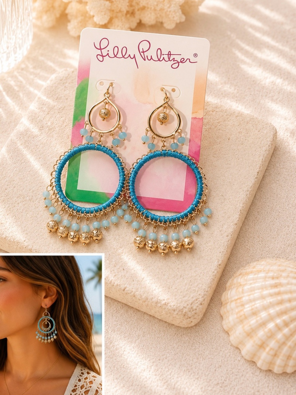 Lilly Pulitzer Blue Turquoise Chandelier Dangle Earrings boho gold feminine